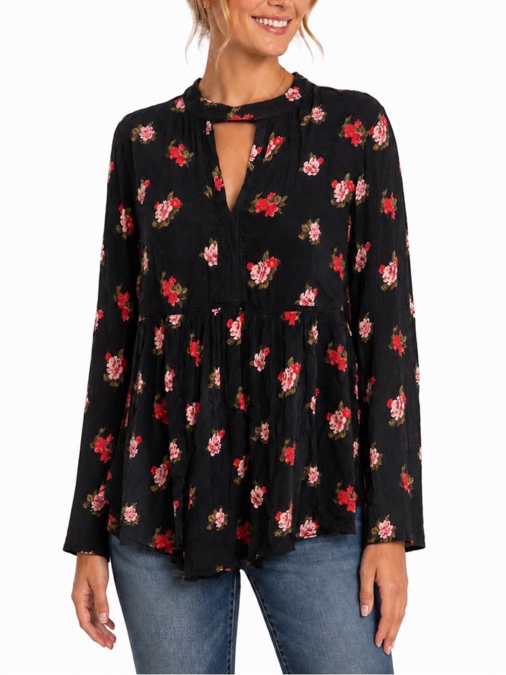 Bongo Black long sleeve floral print top w/ high round neckline with a keyhole